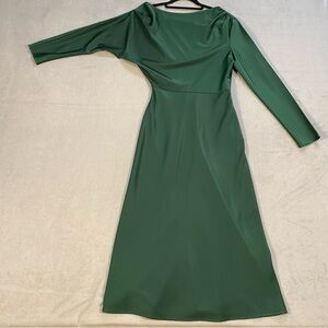 MOTF Women’s Deep Green Shimmer Long Sleeve Asymmetrical Neck Midi Dress, XS